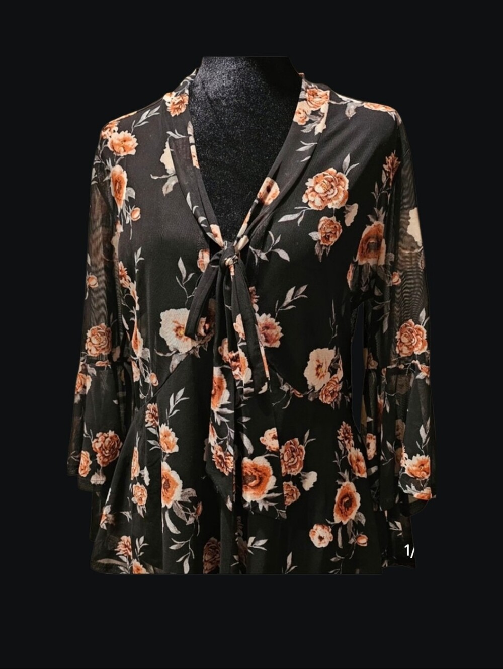 Tie-Neck Floral Blouse in Black and Peach for Women
